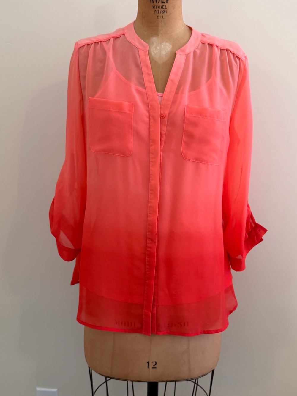 Covington Coral-to-Fuchsia Ombre Sheer Button-Front Blouse